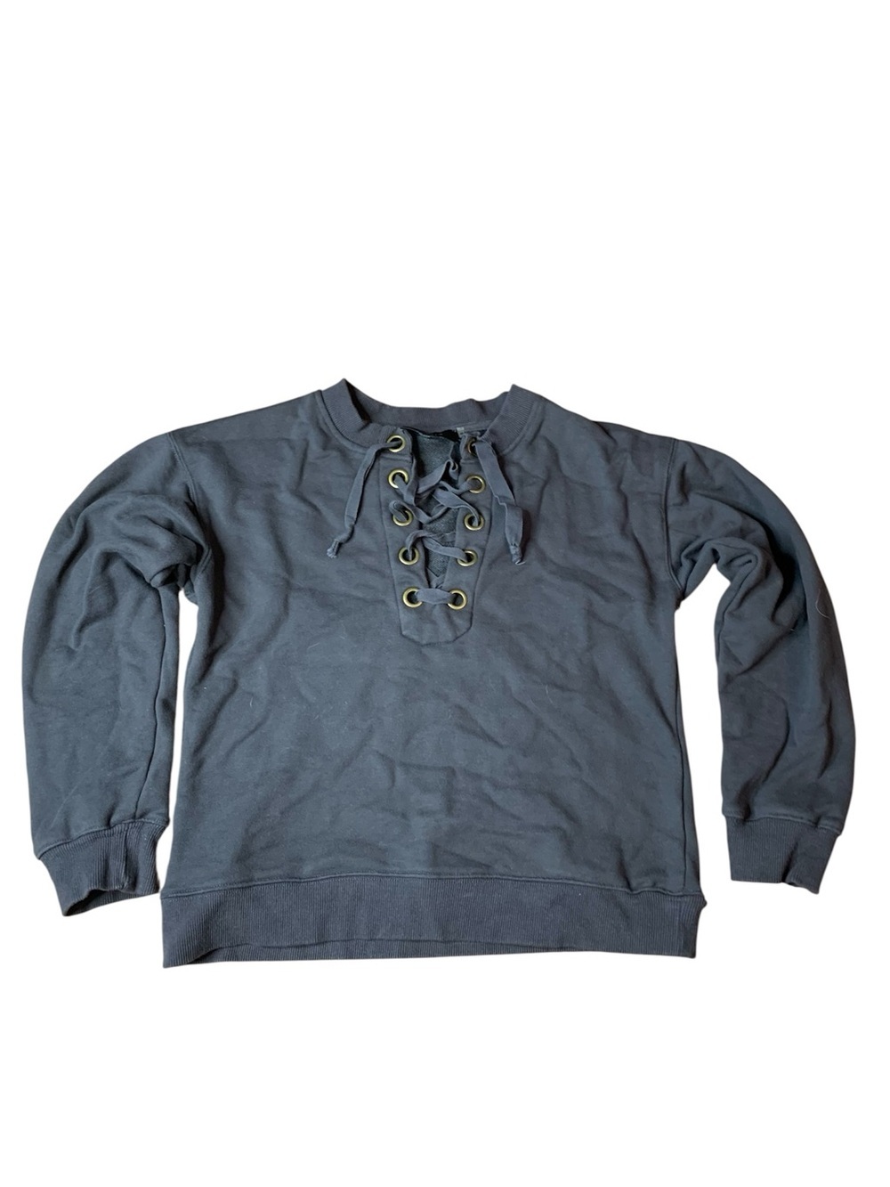 STORIA Charcoal Gray Lace Up V-Neck Cotton Sweatshirt Pullover Size S